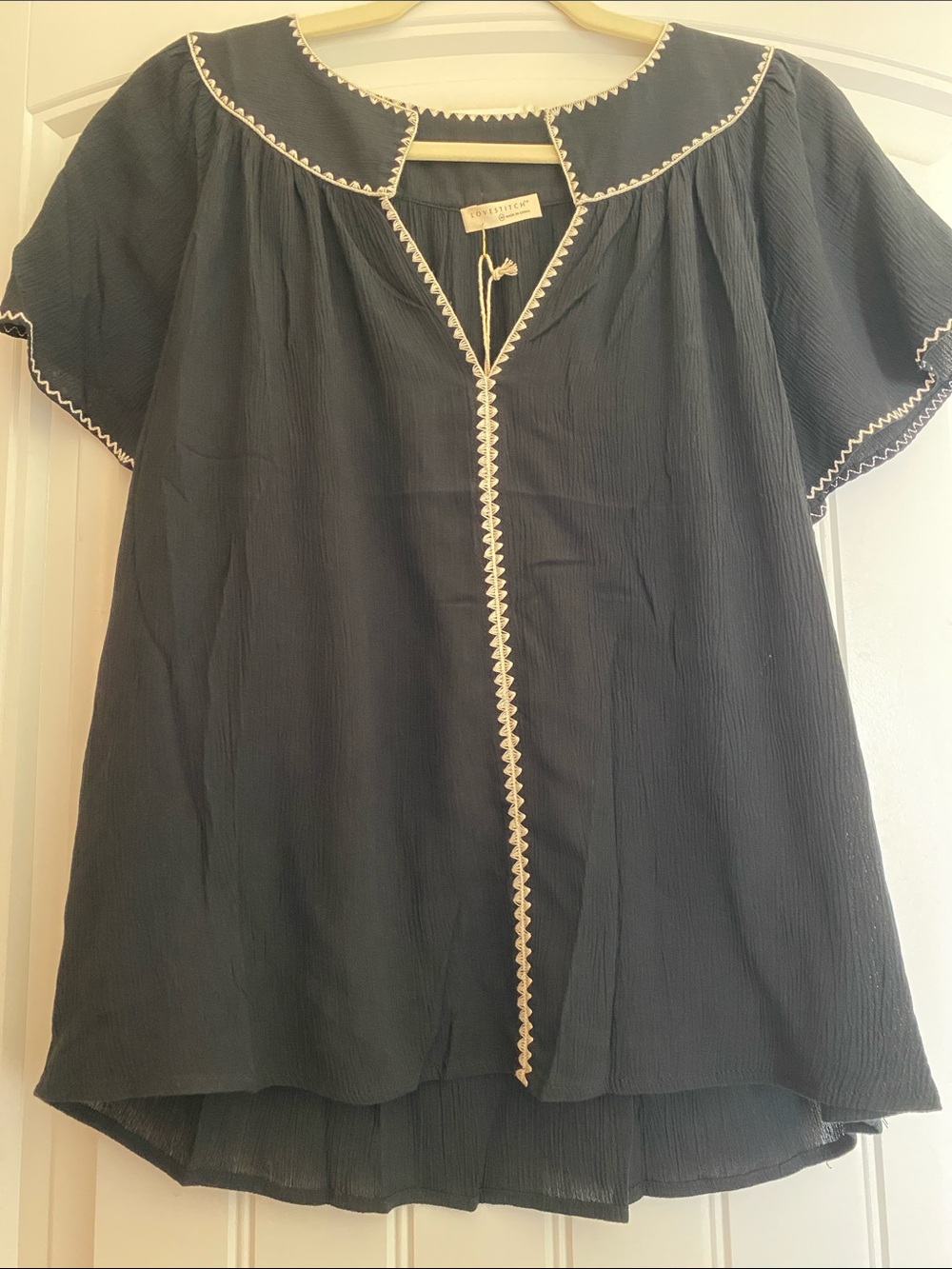 lovestitch Navy Peasant Blouse with Ivory Trim